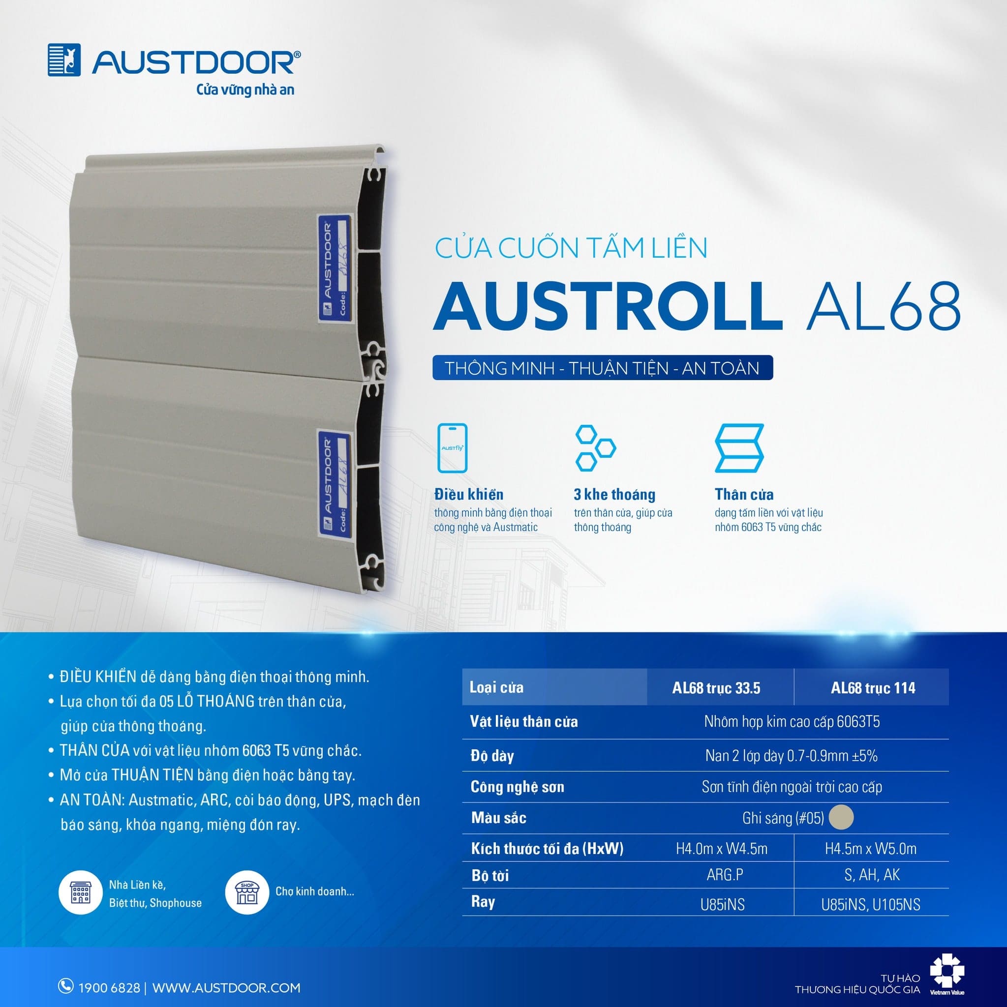 CỬA CUỐN AUSTDOOR AL68- DÀY 0.7-0.9MM ±5%